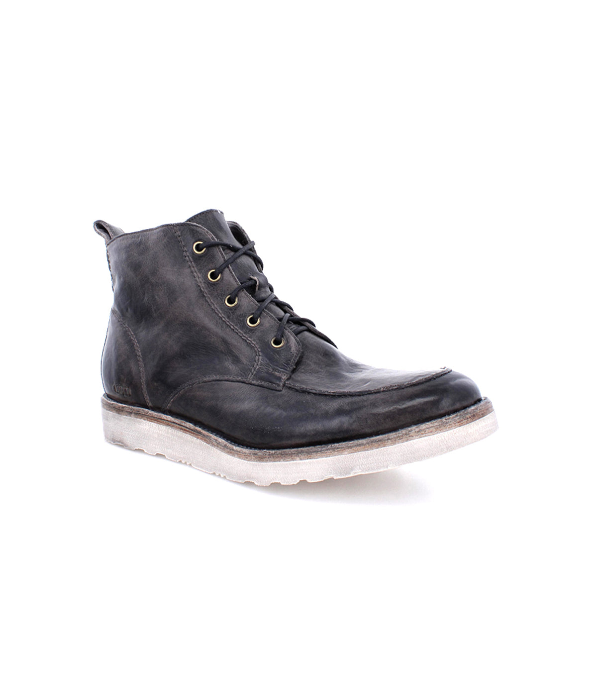 A men's Lincoln black leather boot with laces and a white sole by Bed Stu.
