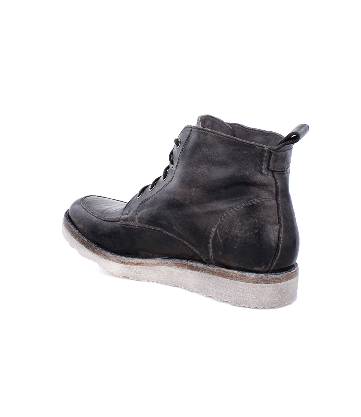 A men's Lincoln black leather boot with laces and a white sole by Bed Stu.
