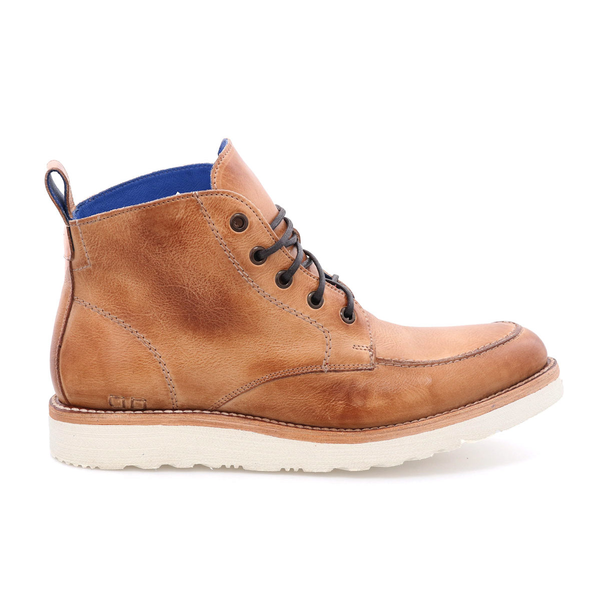 A single brown men's Bed Stu Lincoln leather boot with white soles and blue interior, isolated on a white background.