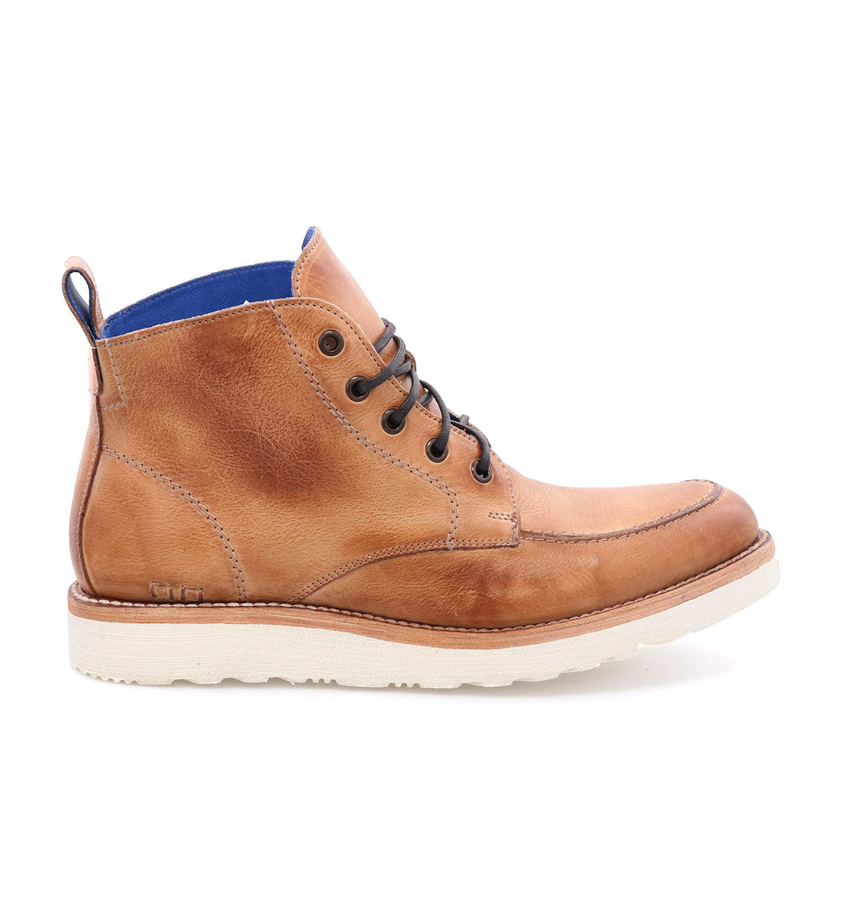 Introducing the Lincoln by Bed|Stü: a tan leather ankle boot featuring black laces, blue inner lining, detailed stitching, and a white rubber sole—perfect for everyday wear—shown in side profile against a white background.