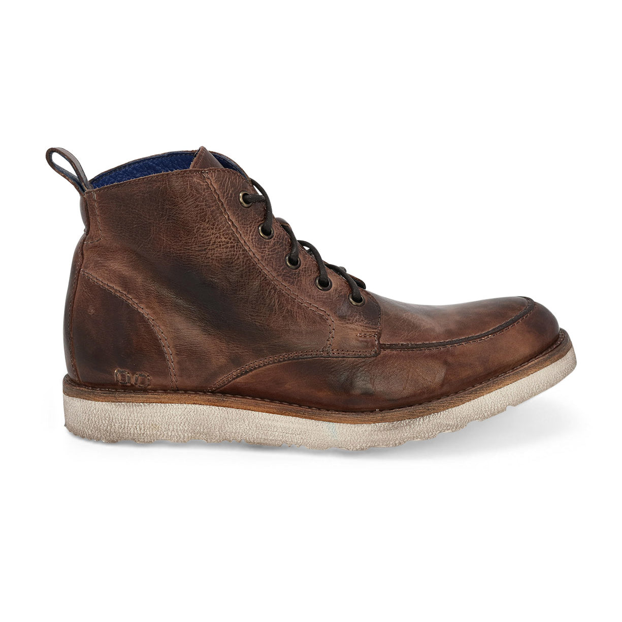 A worn brown men's leather boot with laces and a light-colored rubber sole, isolated on a white background. (Product name: Lincoln, Brand name: Bed Stu)