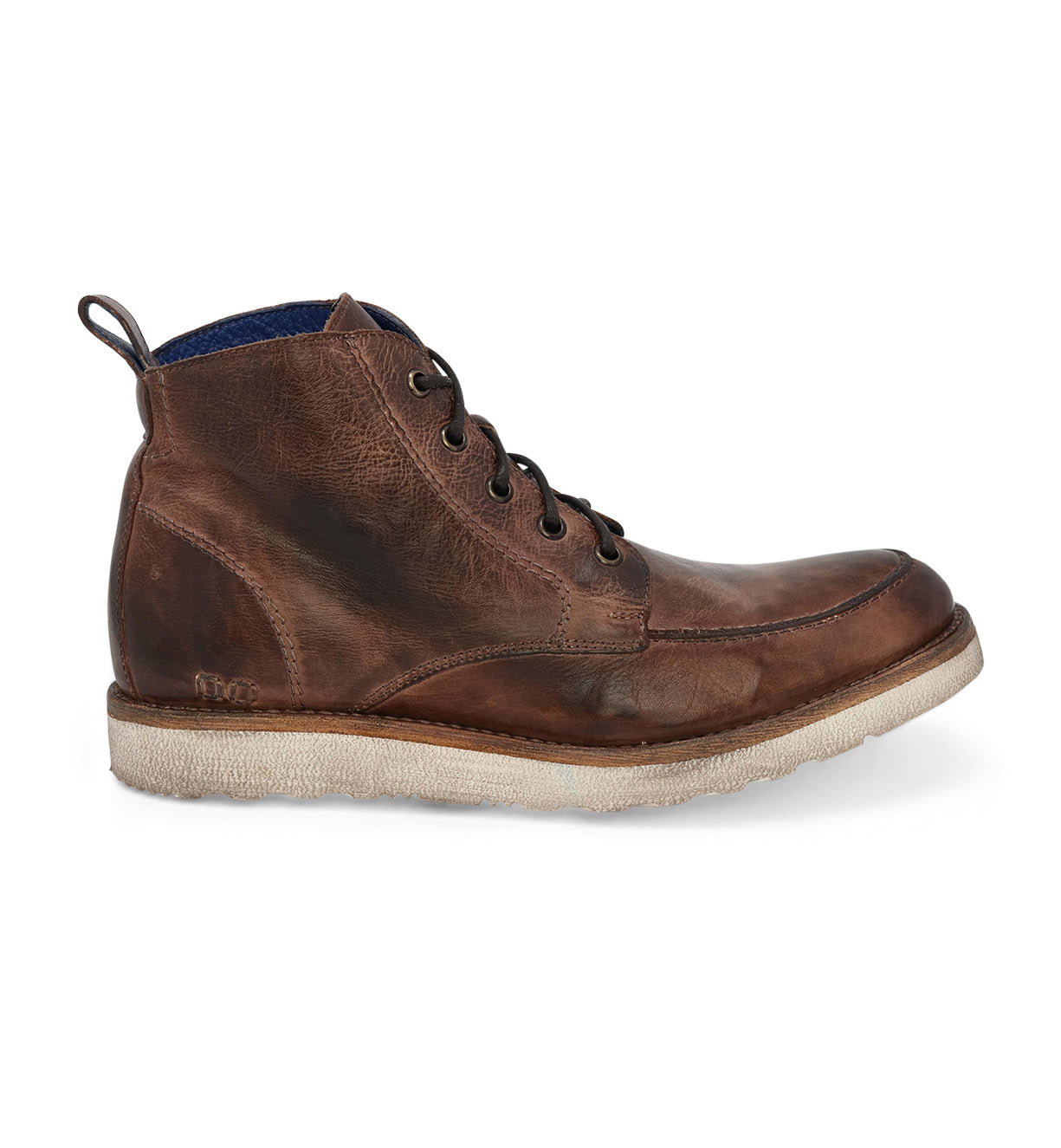 A worn brown men's leather boot with laces and a light-colored rubber sole, isolated on a white background. (Product name: Lincoln, Brand name: Bed Stu)
