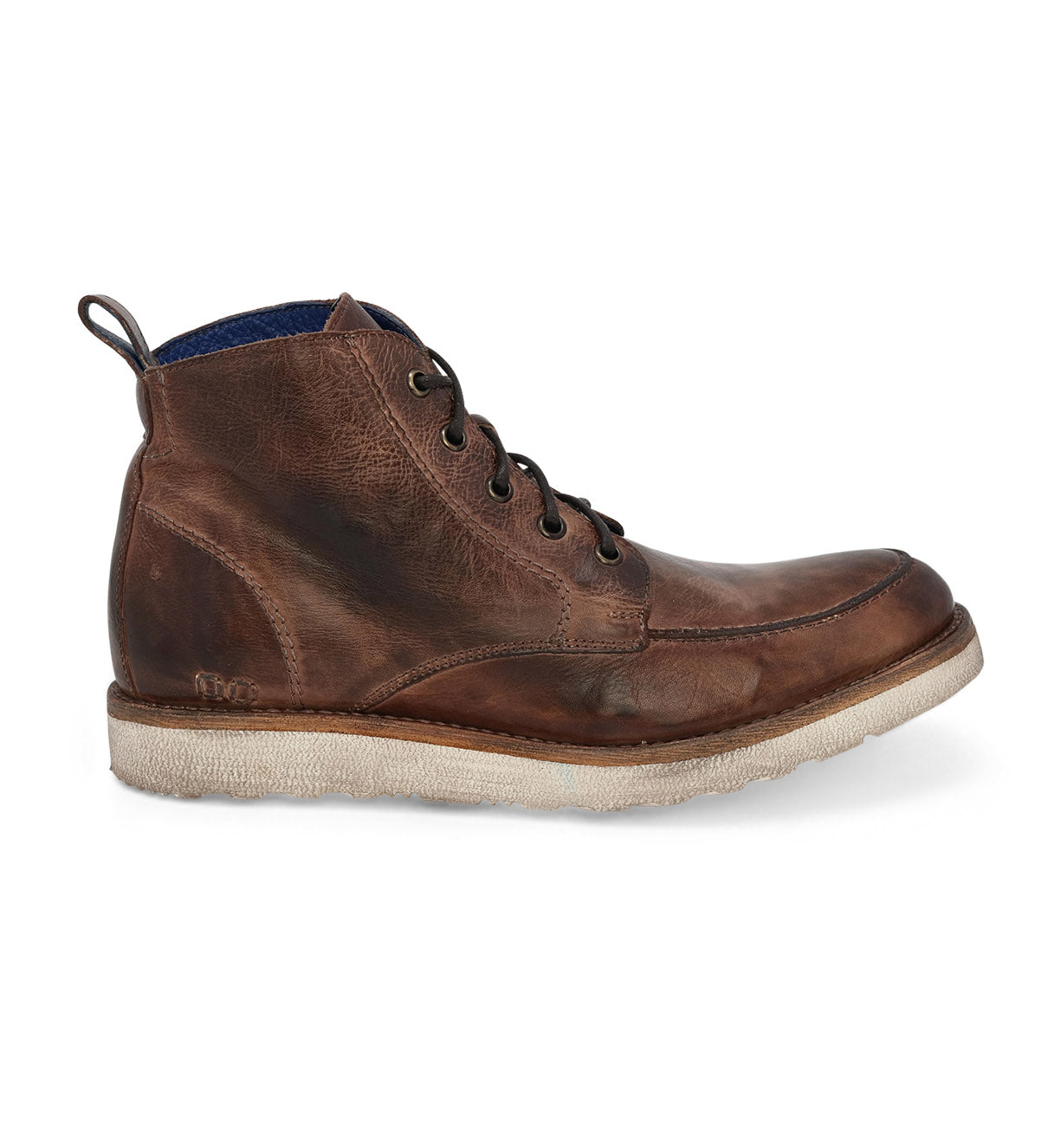 Introducing the Bed|Stü Lincoln: a brown leather ankle boot featuring dark laces, a pull tab at the heel, and a white textured sole. Shown in side profile against a white background, the Lincoln is perfect for everyday wear as a pair of stylish casual boots.