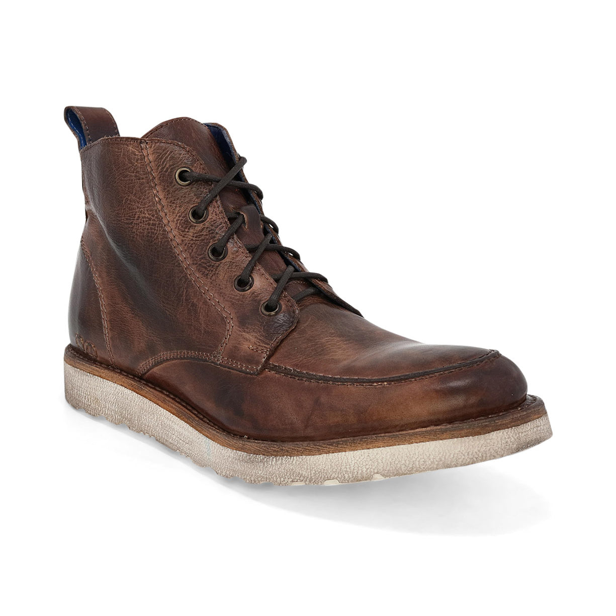 A brown leather lace-up work boot with a white sole, shown against a white background from the Bed Stu Lincoln collection.