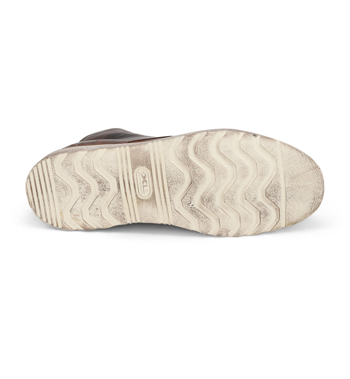 Bottom view of a brown men's Lincoln leather boot showing a textured sole with wavy and zigzag patterns and a visible Bed Stu logo.