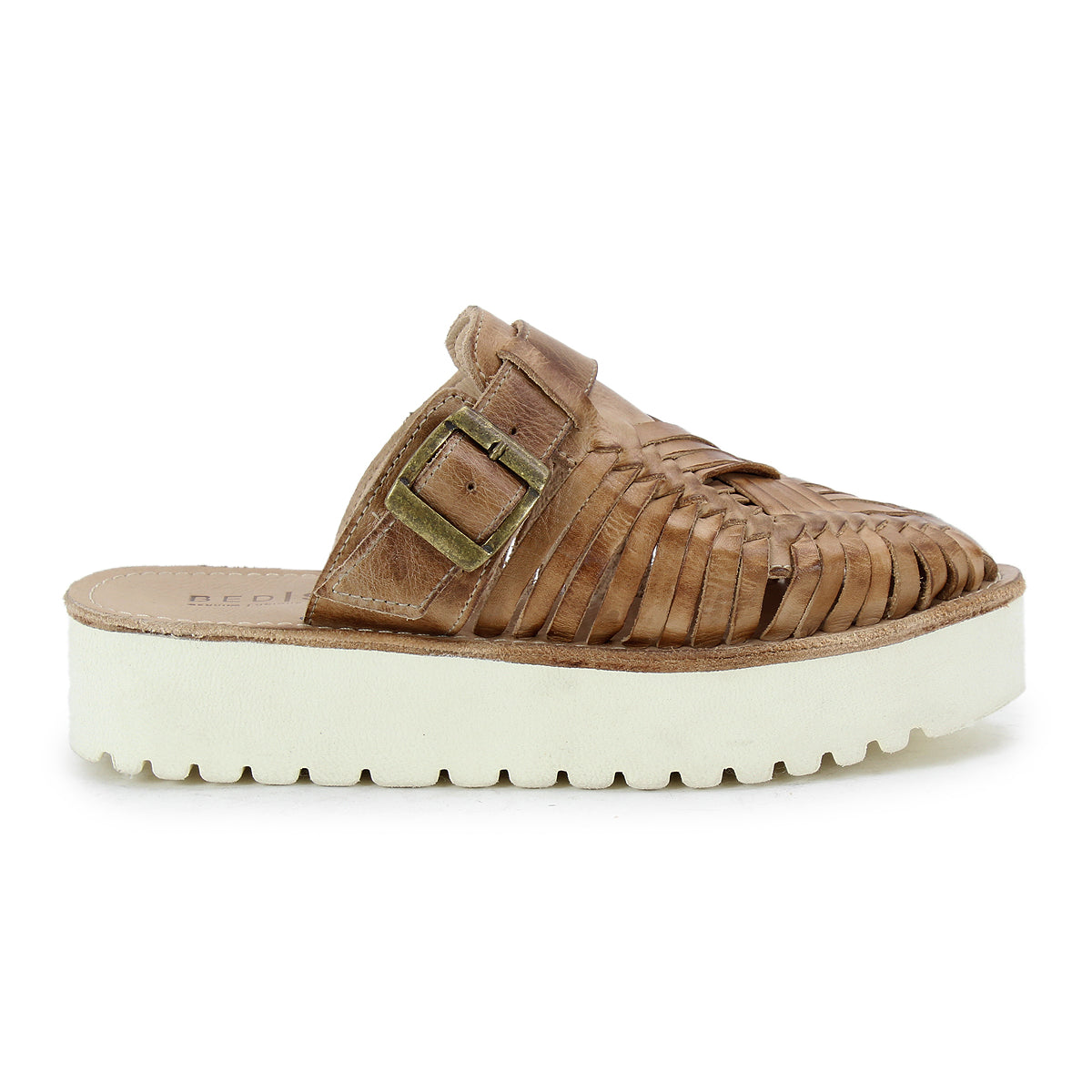 The Linette by Bed Stu is a hand-woven leather sandal with a thick white platform and an adjustable buckle. Its XL EXTRALIGHT® outsole ensures style and comfort in every step.