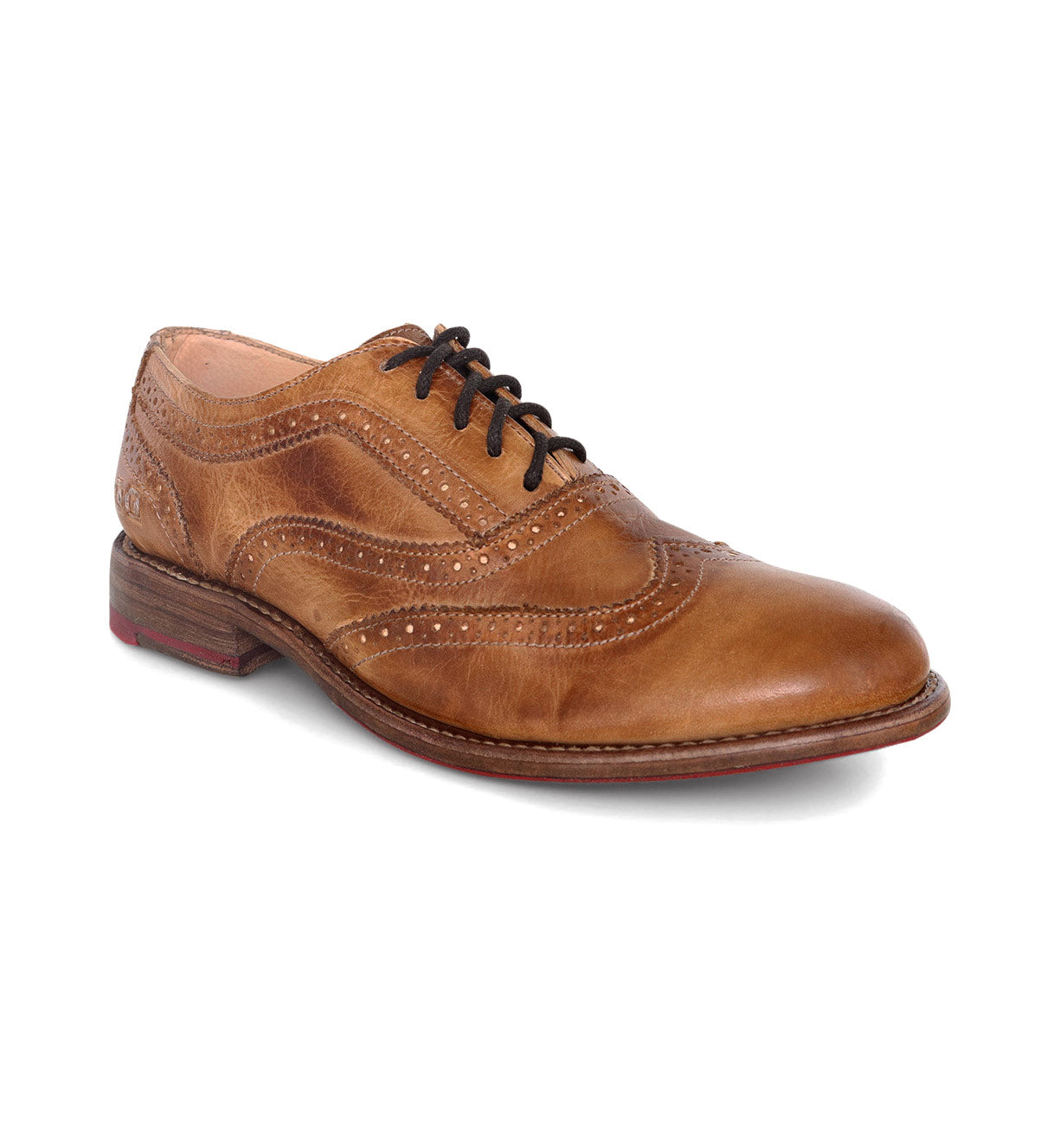 A tan wingtip oxford shoe, called the Lita by Bed Stu.