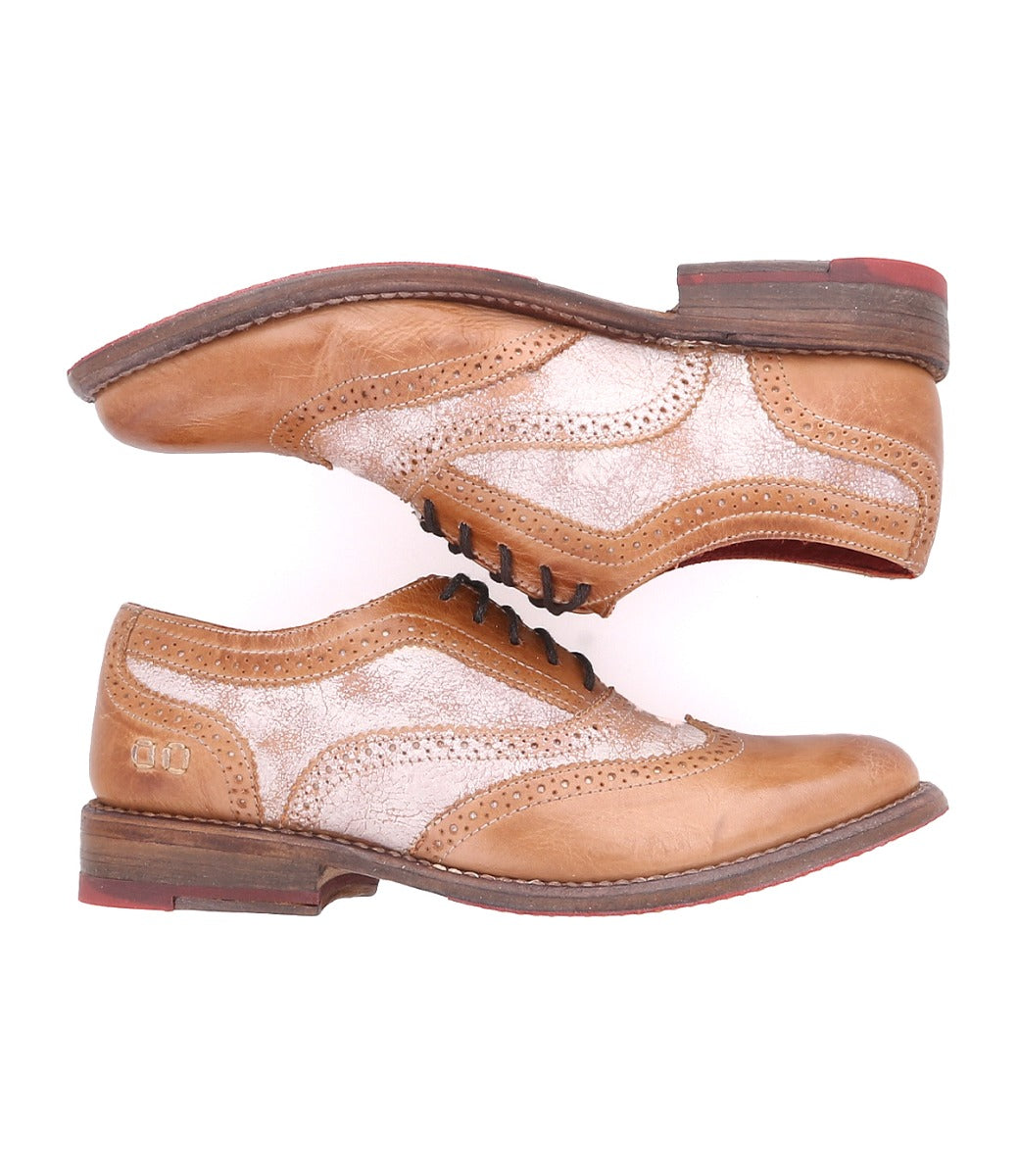 A pair of Bed Stu Lita tan wingtip oxford shoes.