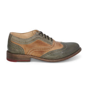 A green and tan wingtip oxford shoe called the Lita by Bed Stu.