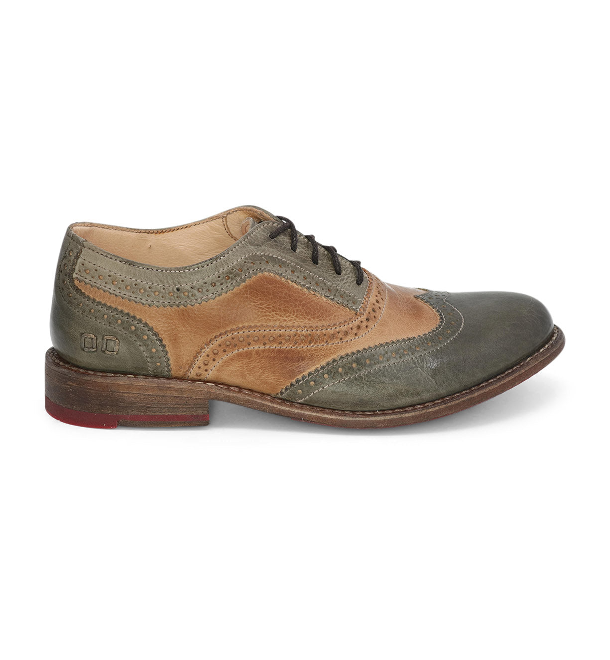 A green and tan wingtip oxford shoe called the Lita by Bed Stu.