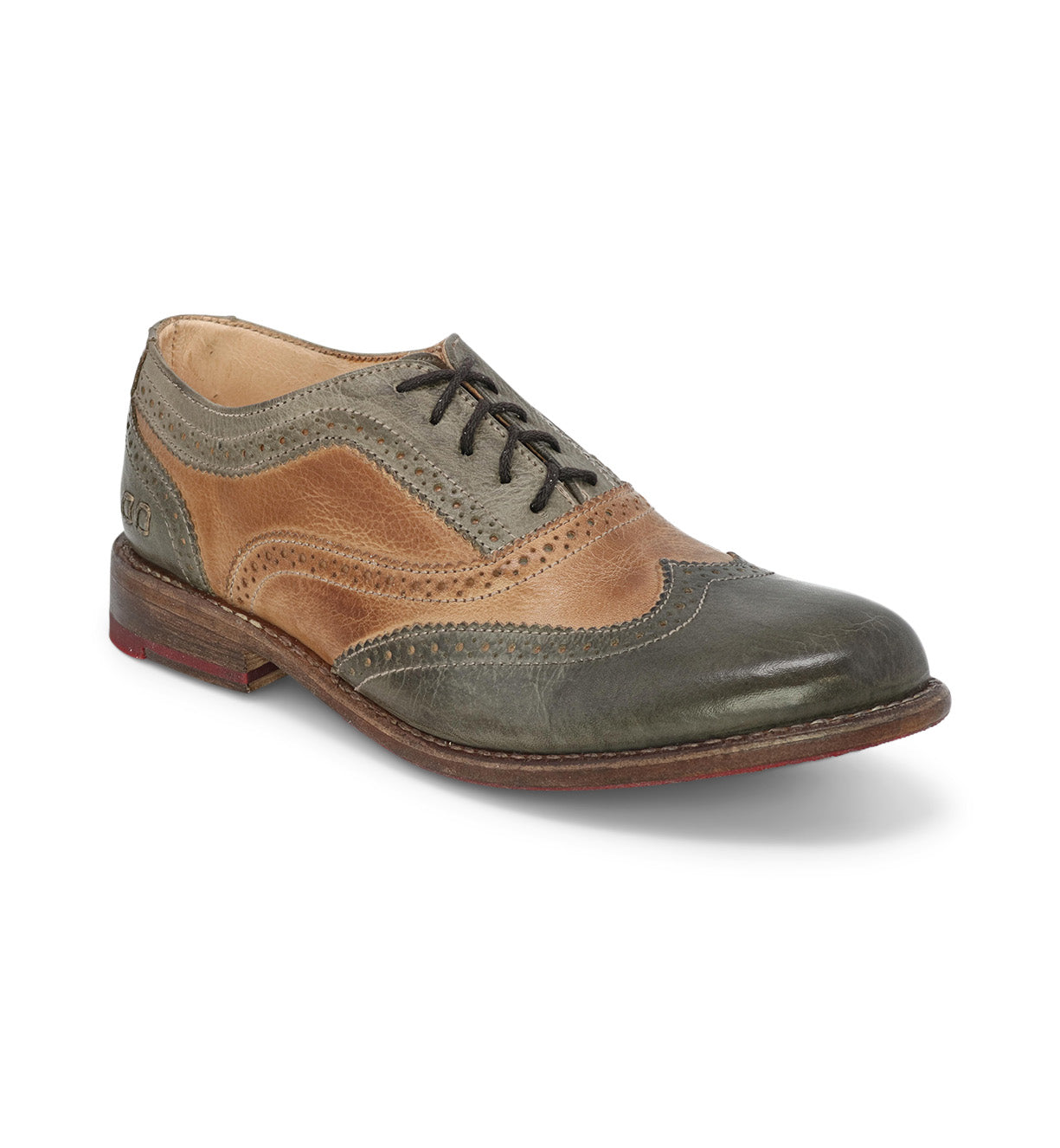 A green and tan wingtip oxford shoe called the Lita by Bed Stu.