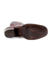 View of a Bed Stu Locate boot's sole, showing visible wear and flame-like stitching on the upper part.