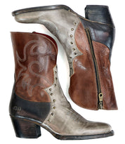 Discover the "Locate" boots by Bed Stu, a pair of vintage-style, multicolored Western boots with eye-catching flame-like stitching and convenient side zippers.