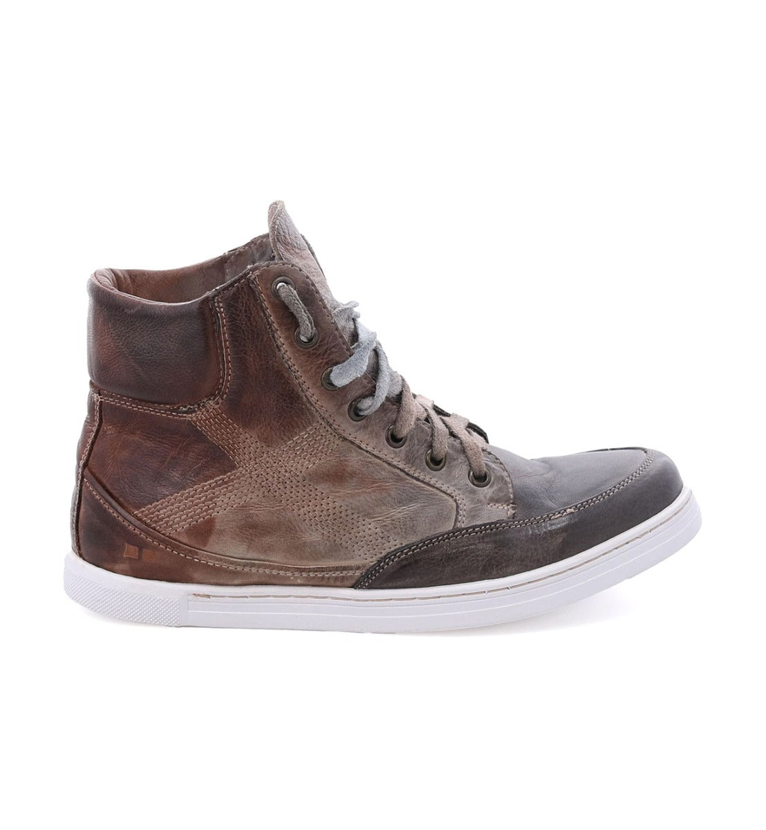 A men's brown high top Lordmind sneaker on a white background by Bed Stu.