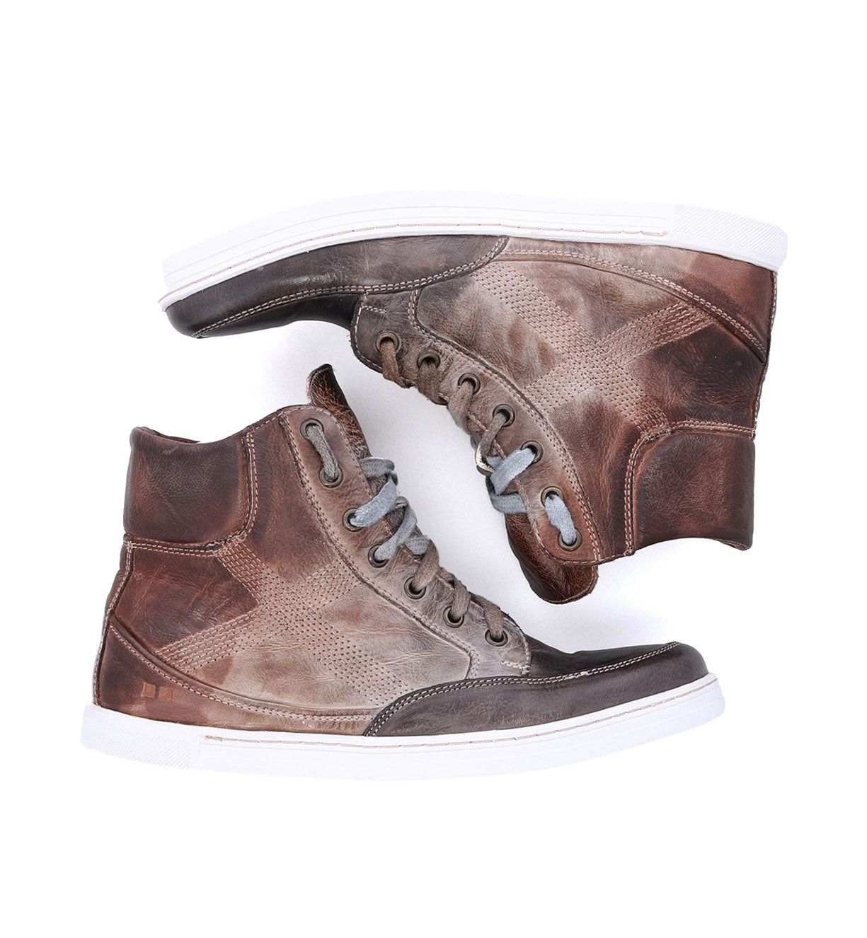 A pair of Bed Stu Lordmind men's brown high top sneakers on a white background.