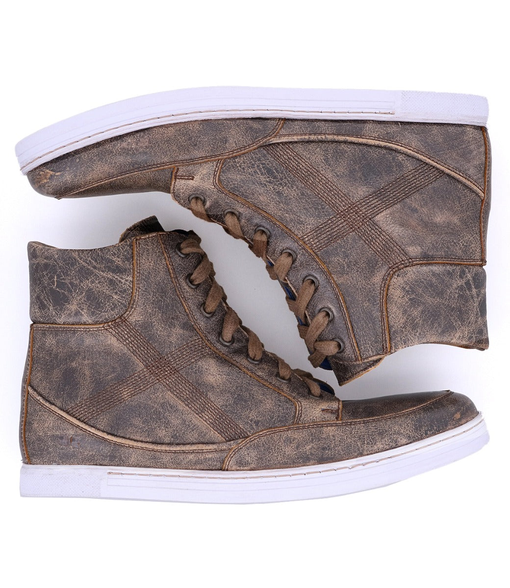 A pair of Lordmind by Bed Stu men's brown high top sneakers.