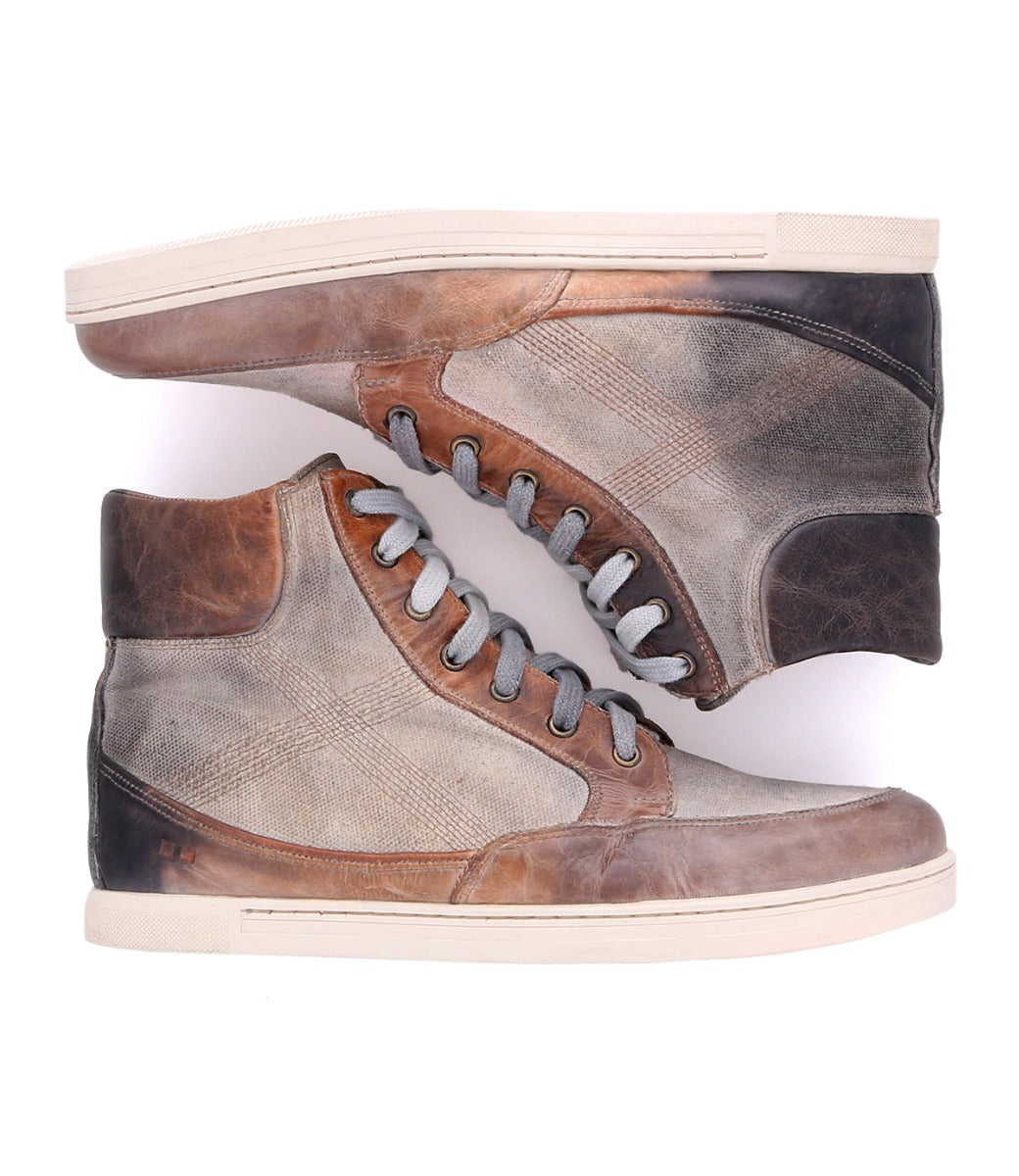 A pair of Bed Stu Lordmind men's high top sneakers with brown and blue laces.