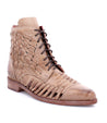 A women's tan leather boot with woven detailing, the Loretta by Bed Stu.