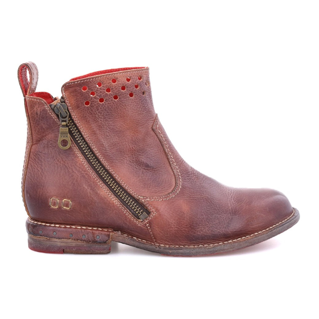A women's brown ankle boot with red detailing from Bed Stu called Lotus.