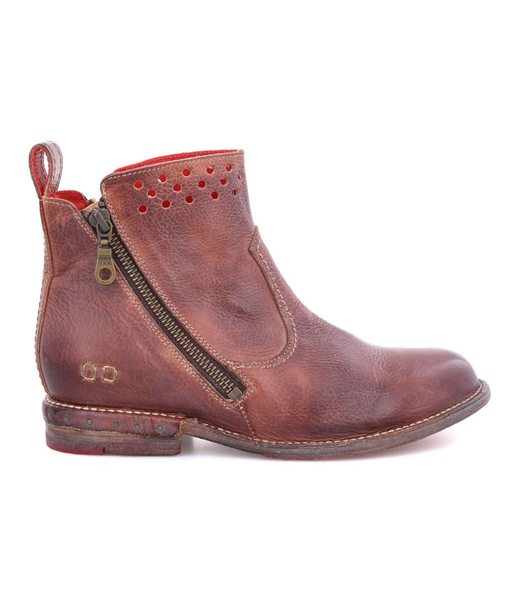 A women's brown ankle boot with red detailing from Bed Stu called Lotus.