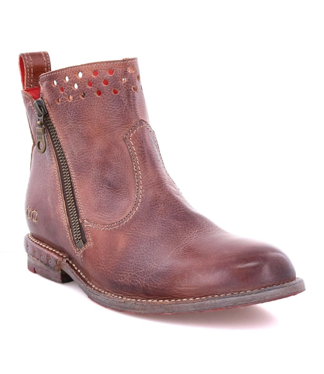 A women's brown ankle boot with red detailing from Bed Stu called Lotus.