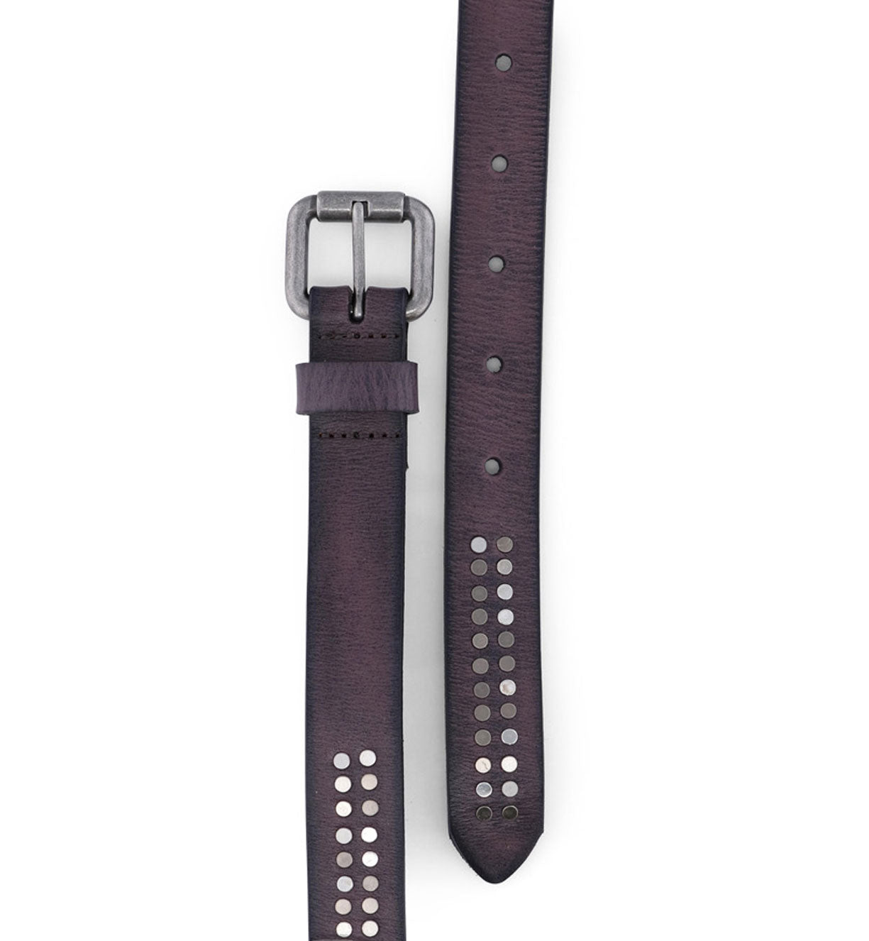 A Lucy purple leather belt with studs on it from Bed Stu.