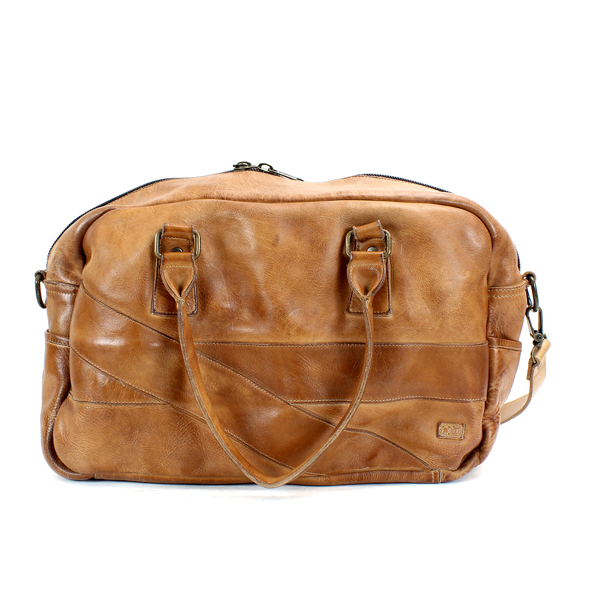 A Bed Stu Luke brown leather duffle bag with two short handles, a detachable and adjustable crossbody strap, and decorative stitching details makes the perfect travel companion.