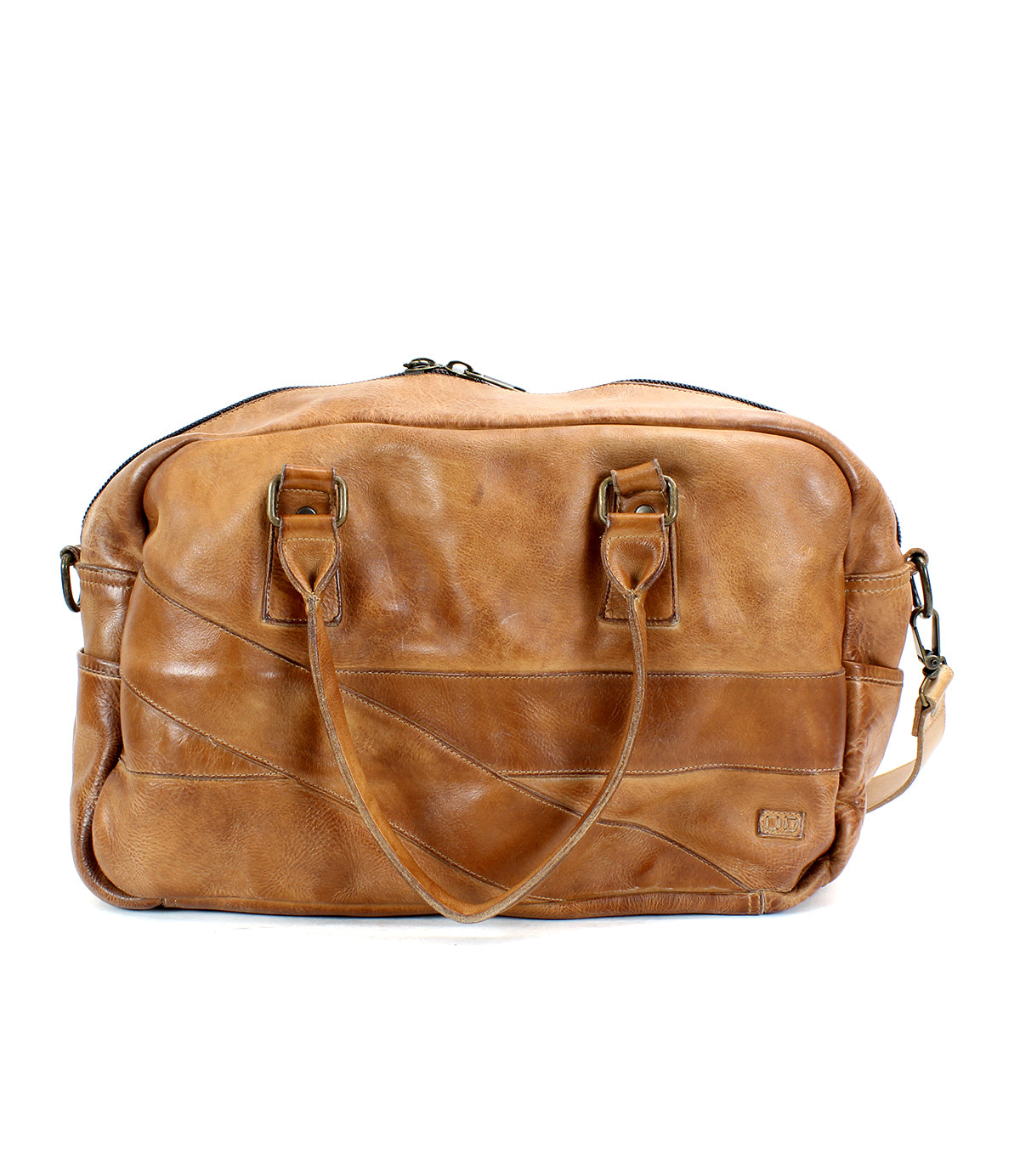A Bed Stu Luke brown leather duffle bag with two short handles, a detachable and adjustable crossbody strap, and decorative stitching details makes the perfect travel companion.