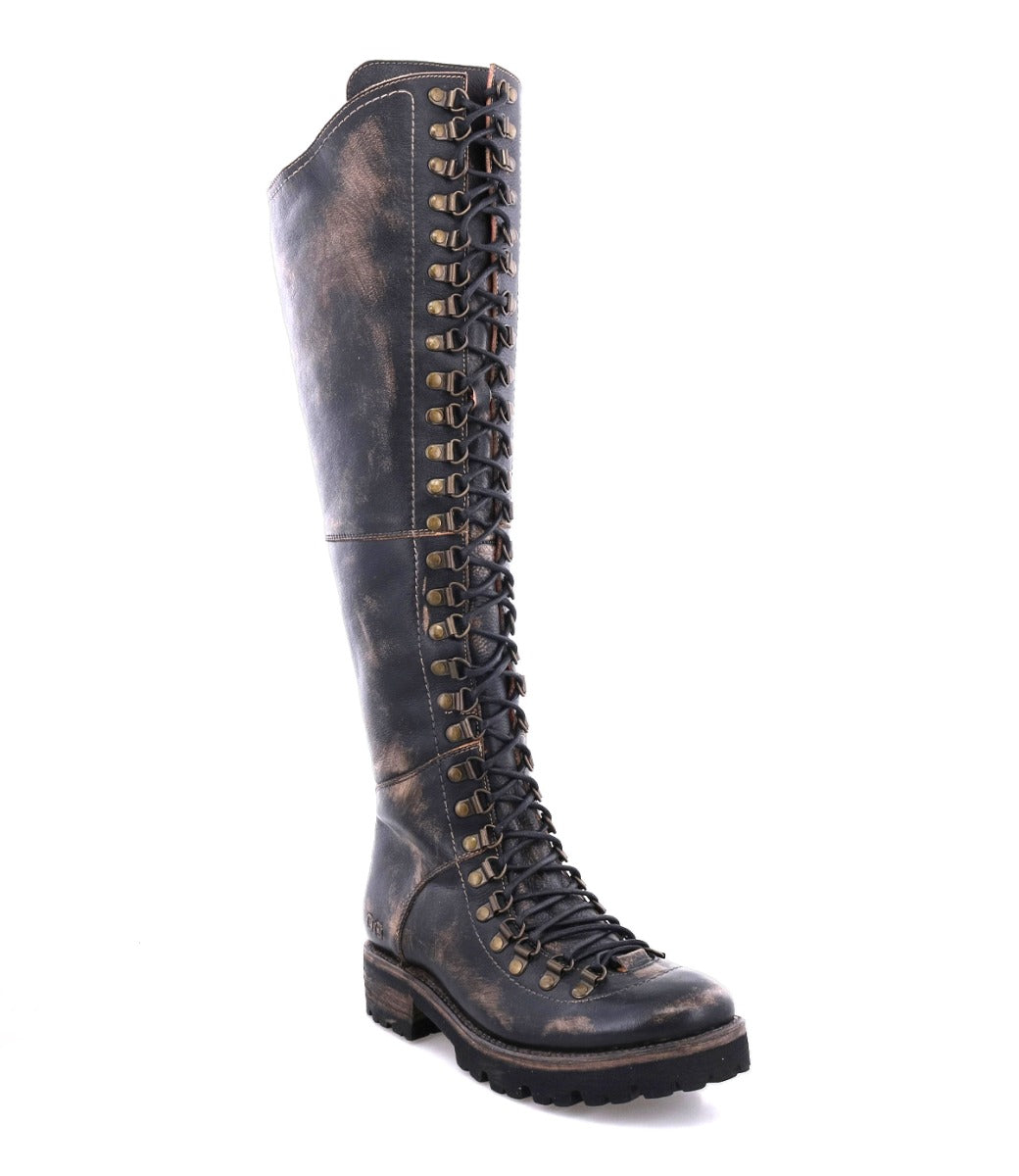 A Lustrous women's black leather boot with laces by Bed Stu.