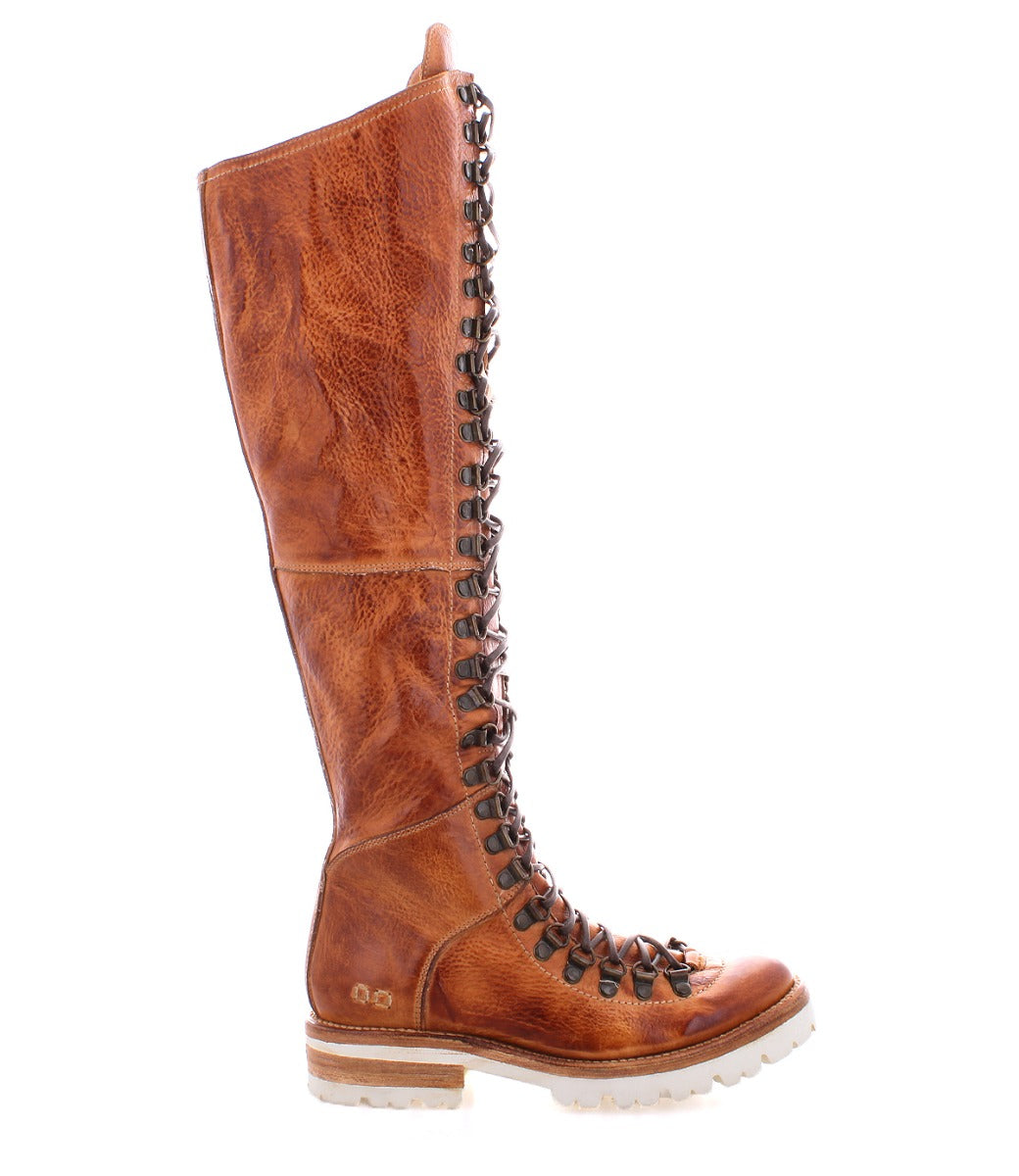 A women's brown leather boot with laces, the Lustrous boot by Bed Stu.