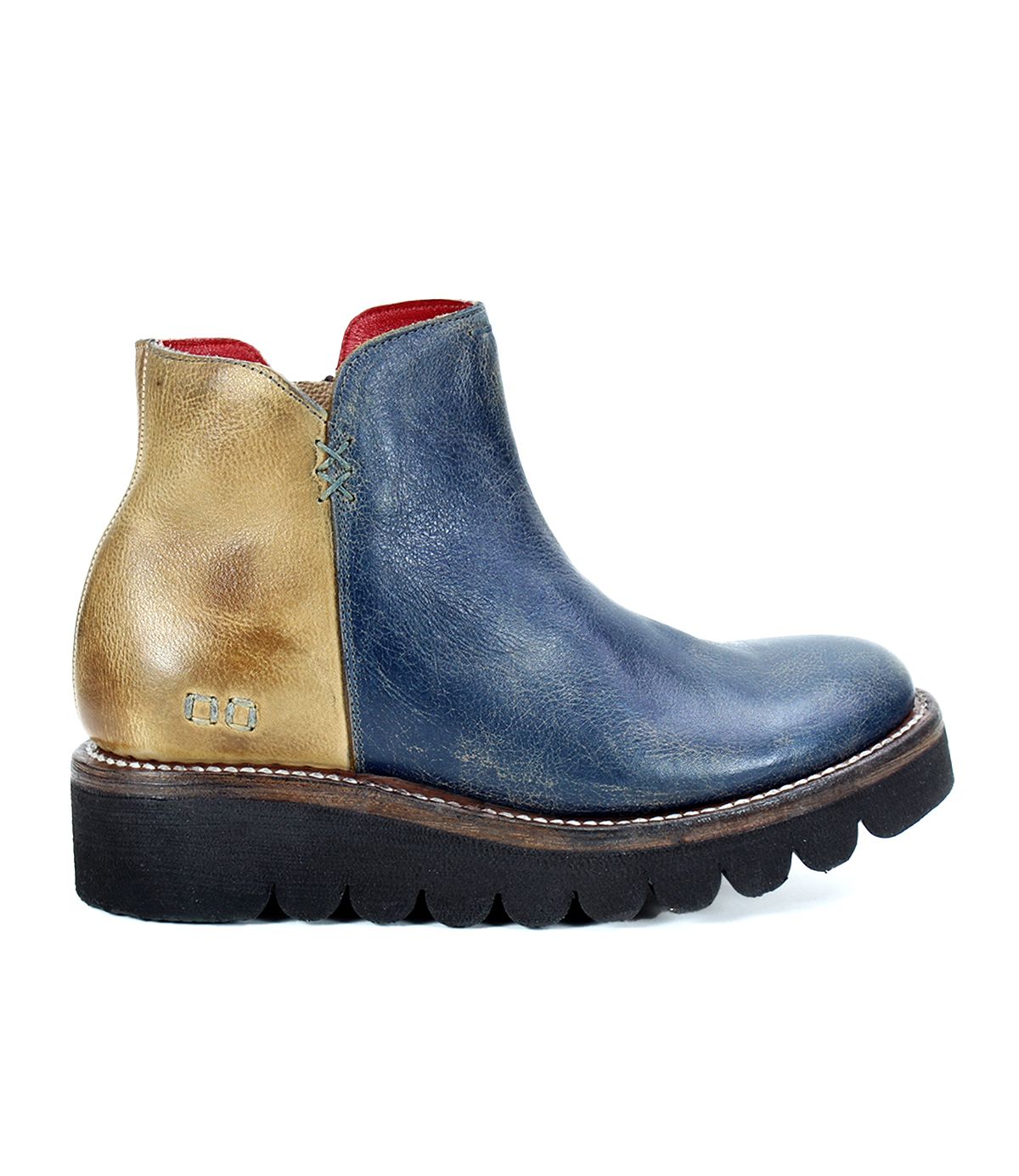 The Lydyi by Bed Stu is a two-tone leather ankle boot with a blue front and brown heel, featuring a side zipper, thick black sole, lightweight platform outsole, cushioned breathable insole, and red interior lining.