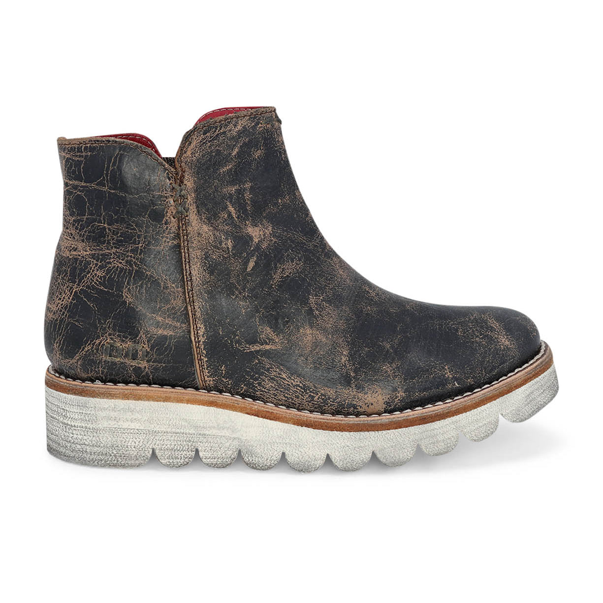 A women's Lydyi black leather ankle boot with a white sole by Bed Stu.