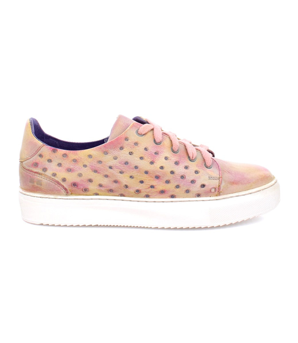 A women's pink leather sneaker with polka dots called the Lyne by Bed Stu.