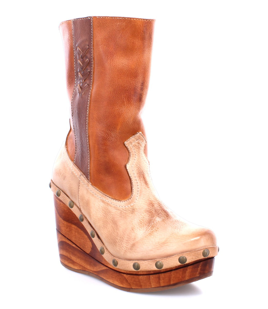 Bed|Stü Macarena mid-calf color block leather boot featuring a wooden wedge heel and brass stud detailing along the base.