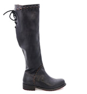 A women's black leather boot with lace detailing, the Manchester III by Bed Stu.
