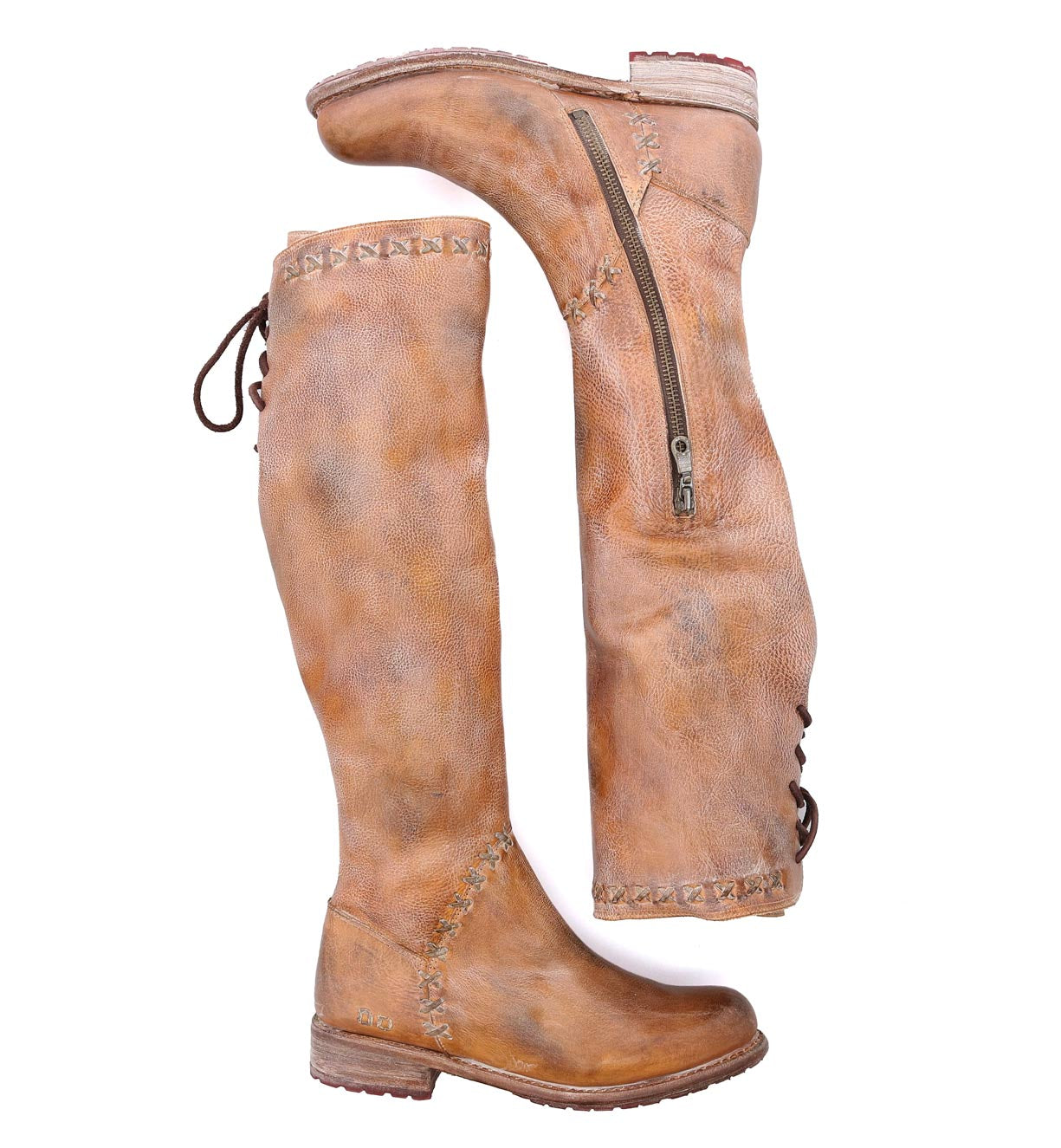 A pair of Manchester III boots by Bed Stu, made of tan leather with zippers on the side.