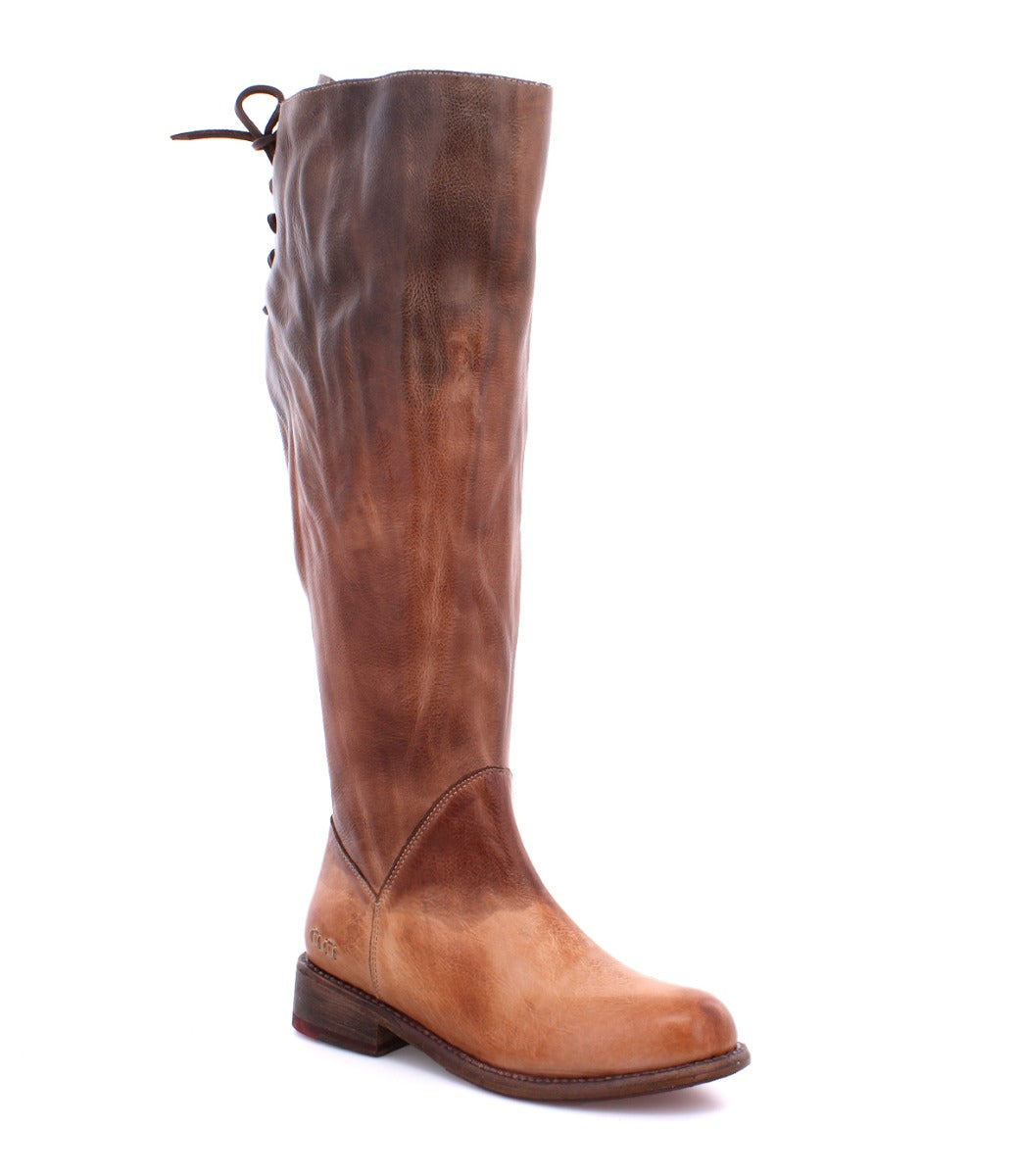 A women's Manchester Wide Calf tan leather boot with laces by Bed Stu.