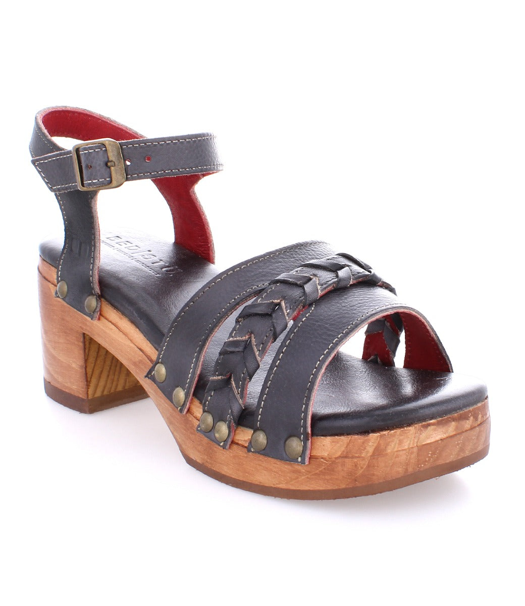 A women's black Mantis sandal with braided straps and wooden heel by Bed Stu.