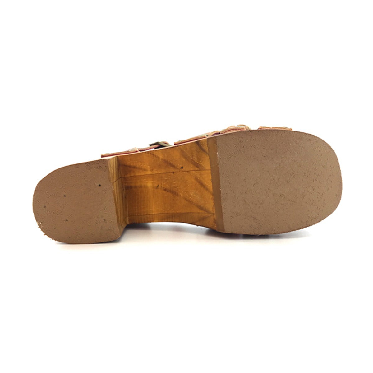 The back view of a women's Mantis sandal with a wooden sole by Bed Stu.