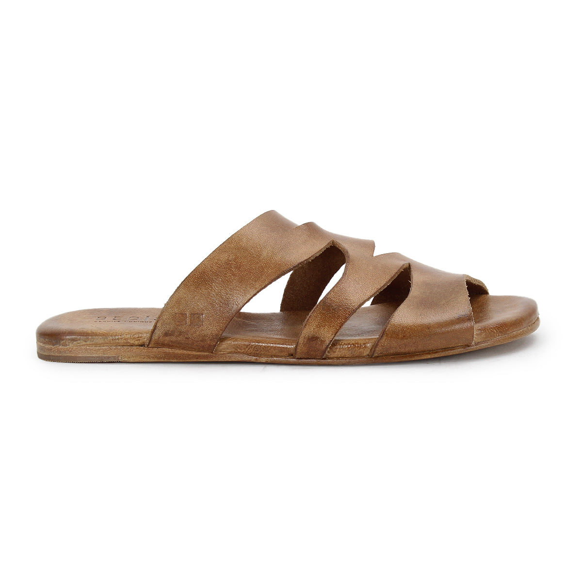 The Bed Stu "Margin" sandal is a brown leather slide featuring an open-toe design, three overlapping straps, and a flat sole, viewed from the side.