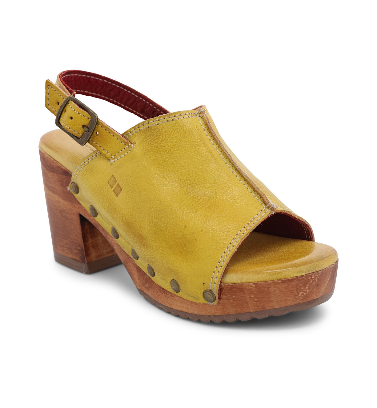 A women's yellow Marie sandal with wooden heel by Bed Stu.
