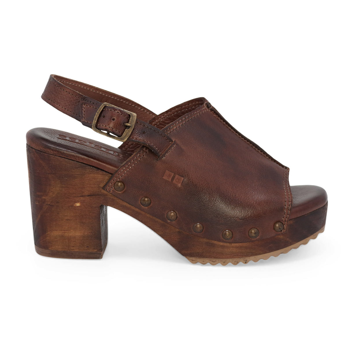 A women's brown clog sandal with wooden heel called Marie by Bed Stu.