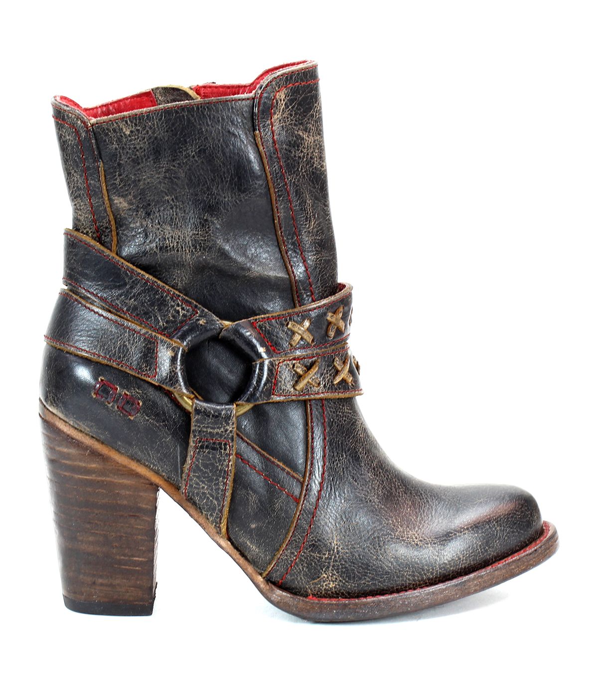 A black distressed leather boot with a high heel, red stitching and o-ring harness. on the profile view. 
