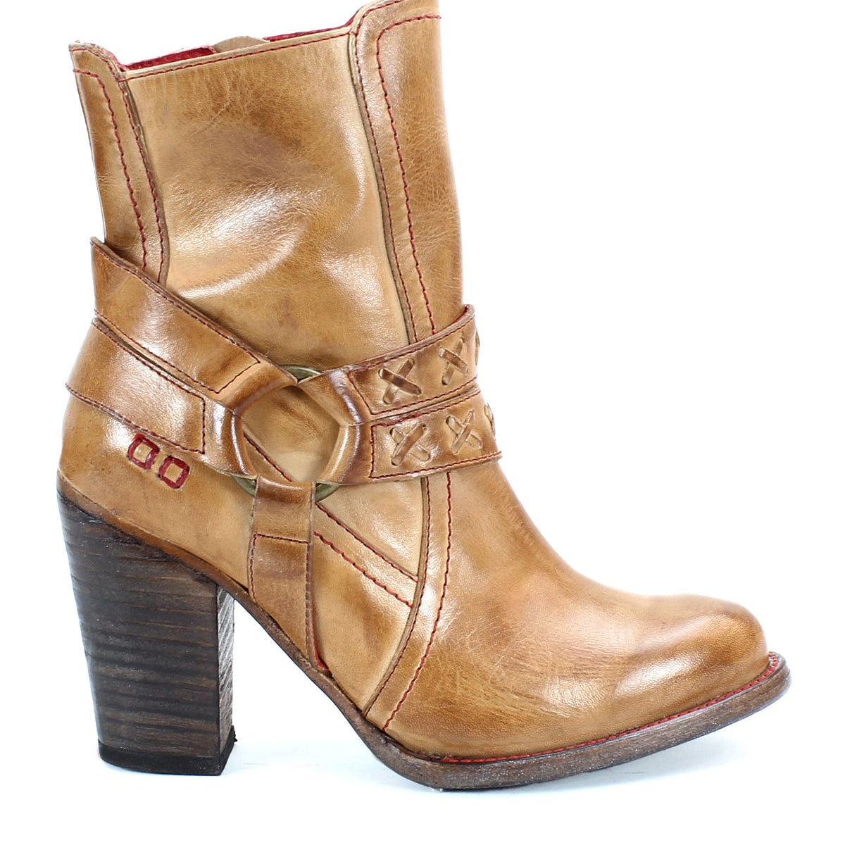A brown leather heeled boot with o-ring harness, red stitching accents on the profile view. 