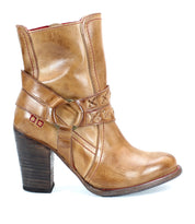 A brown leather heeled boot with o-ring harness, red stitching accents on the profile view. 