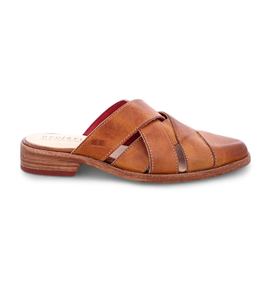 A women's Mayra tan leather mule with two straps by Bed Stu.