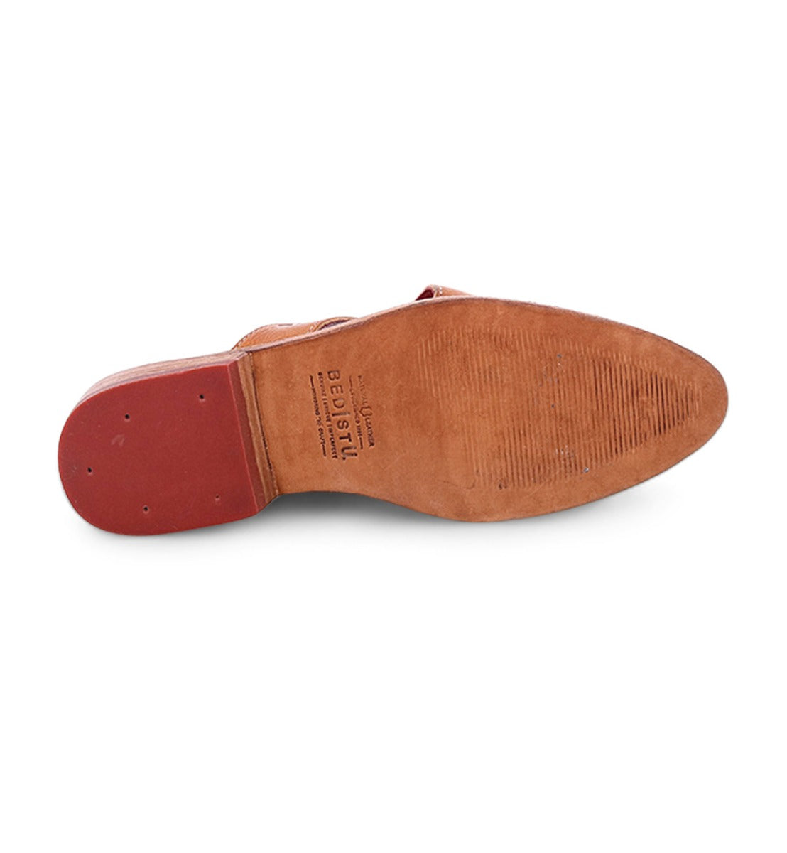 A pair of Bed Stu Mayra shoes with red soles on a white background.