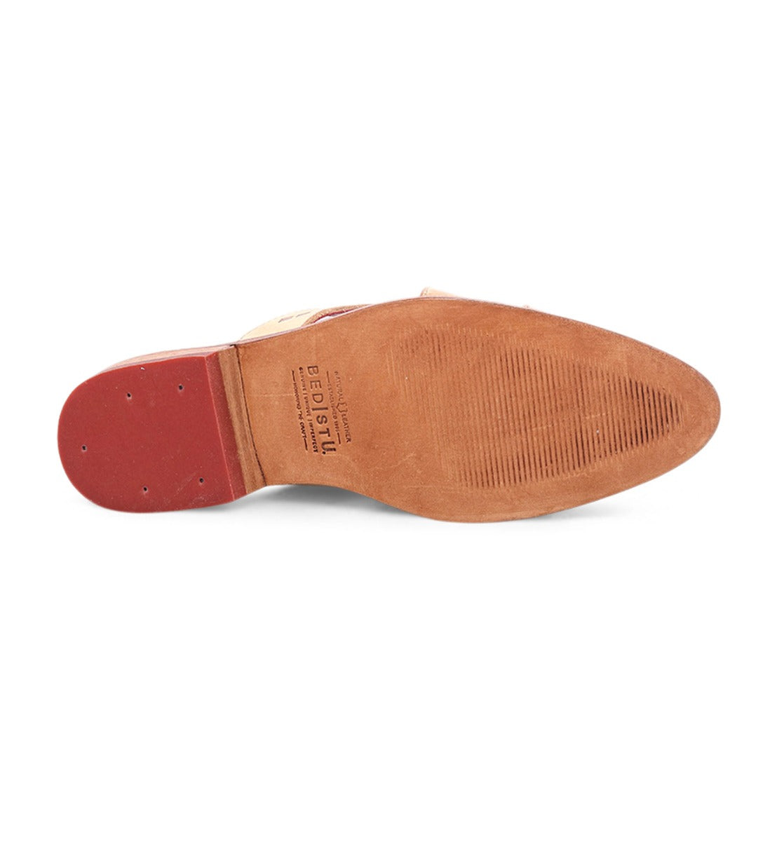 A pair of Bed Stu Mayra shoes with red soles on a white background.