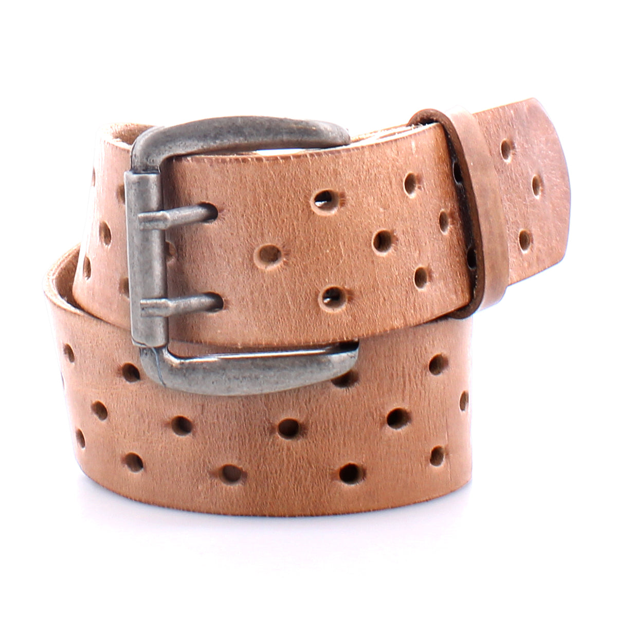 A brown vegetable-tanned leather belt with multiple punched holes and a metal buckle, coiled neatly on a white background, showcasing its timeless design, the "Mccoy" by Bed Stu.