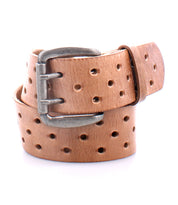 A brown vegetable-tanned leather belt with multiple punched holes and a metal buckle, coiled neatly on a white background, showcasing its timeless design, the "Mccoy" by Bed Stu.